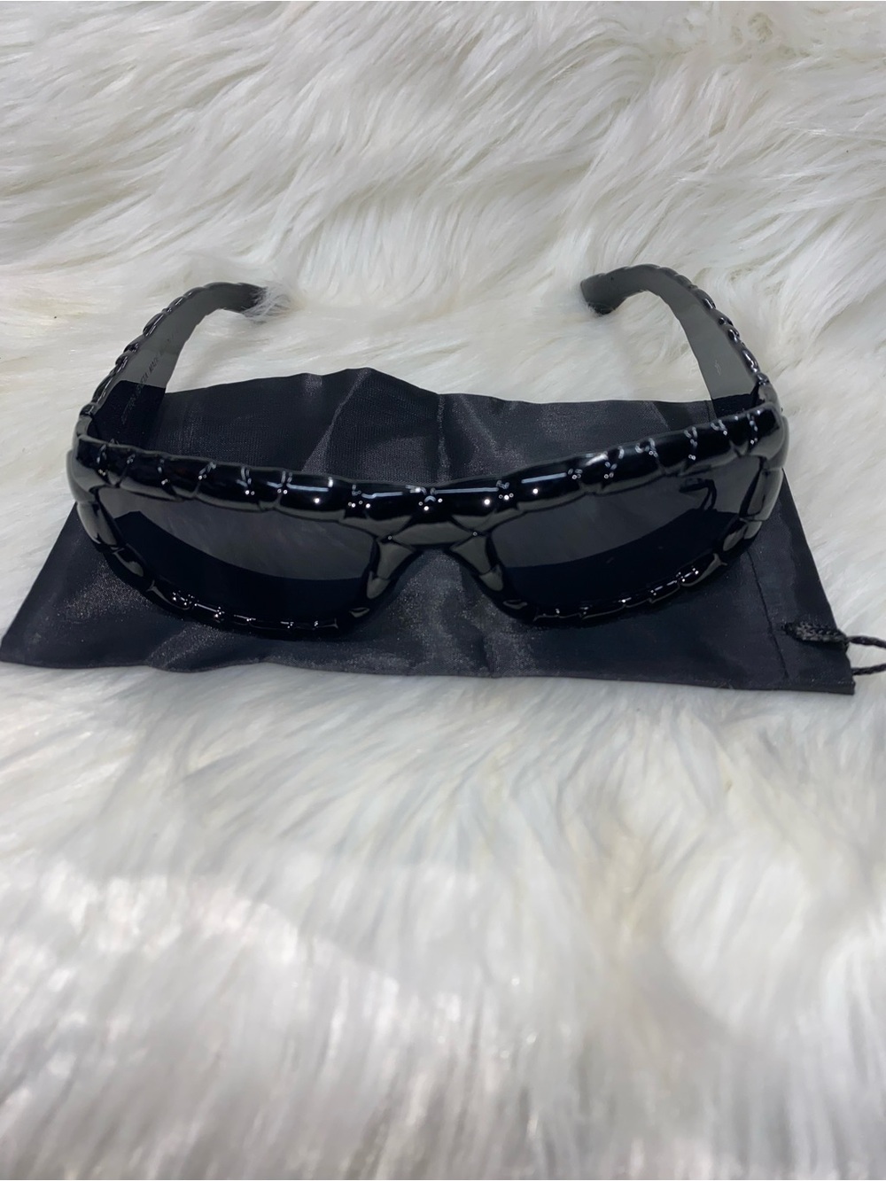 Glossy Black Chain-Trim Shield Sunglasses